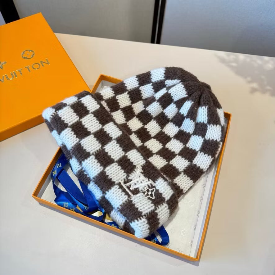 Checkerboard Embroidered Knit Beanie