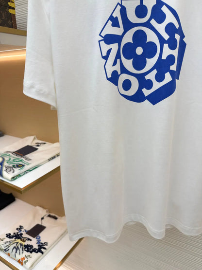 Blue Geometric Floral Dual‑Sided Print T-Shirt