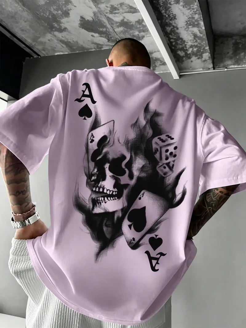 Men's Casual Classic Skull Playing Card Graphic Print Round Neck Short Sleeve T-Shirt, Summer Outdoor Sports Fitted Streetwear, Menswear Tops