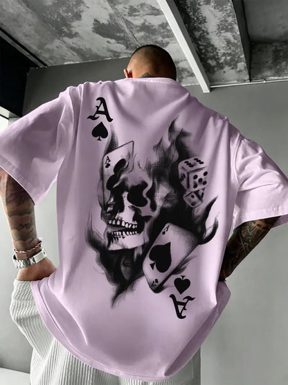 Men's Casual Classic Skull Playing Card Graphic Print Round Neck Short Sleeve T-Shirt, Summer Outdoor Sports Fitted Streetwear, Menswear Tops