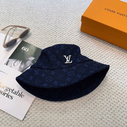 Dark Blue Jacquard Metal-Emblem Bucket Hat