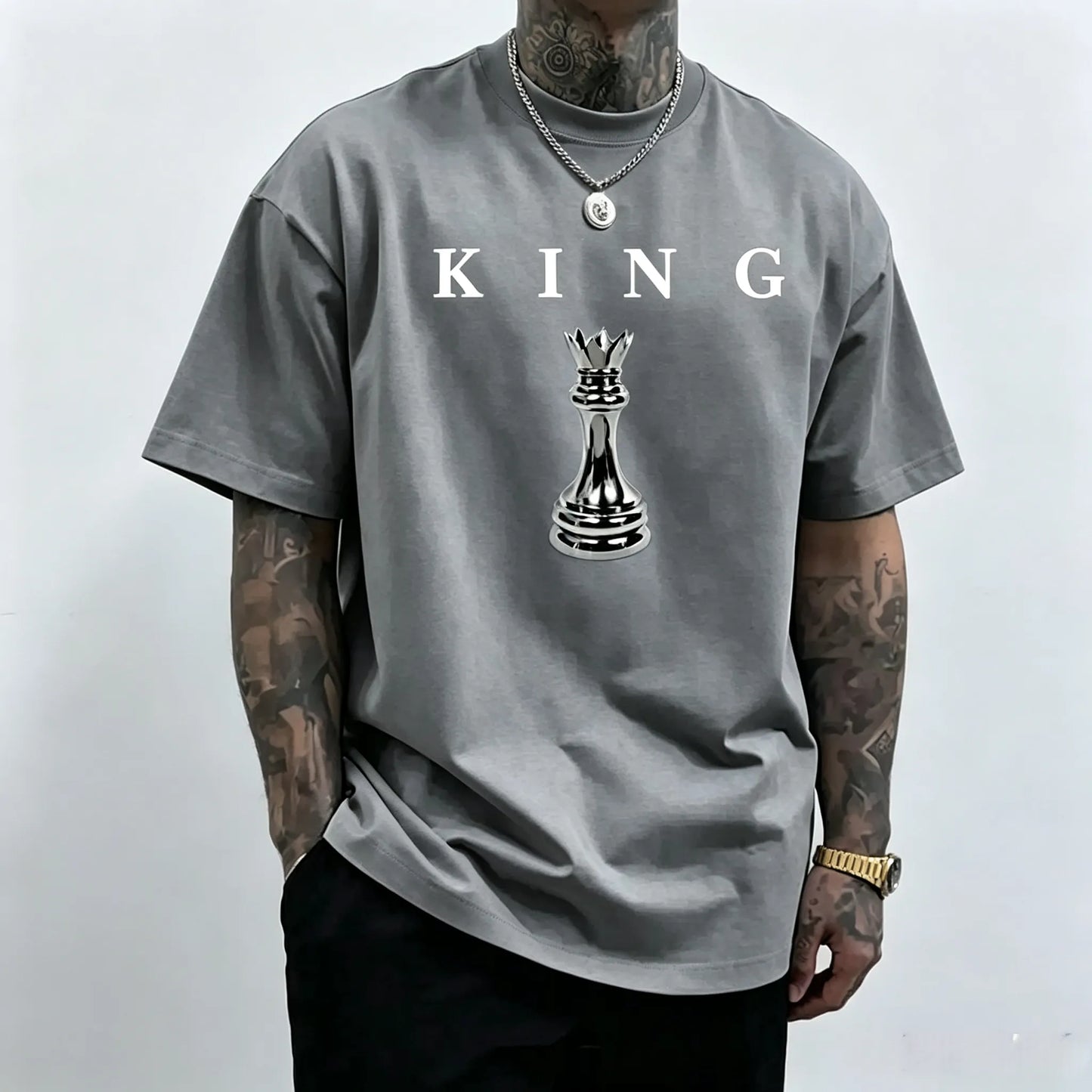 Men's short-sleeved chess king pattern T-shirt