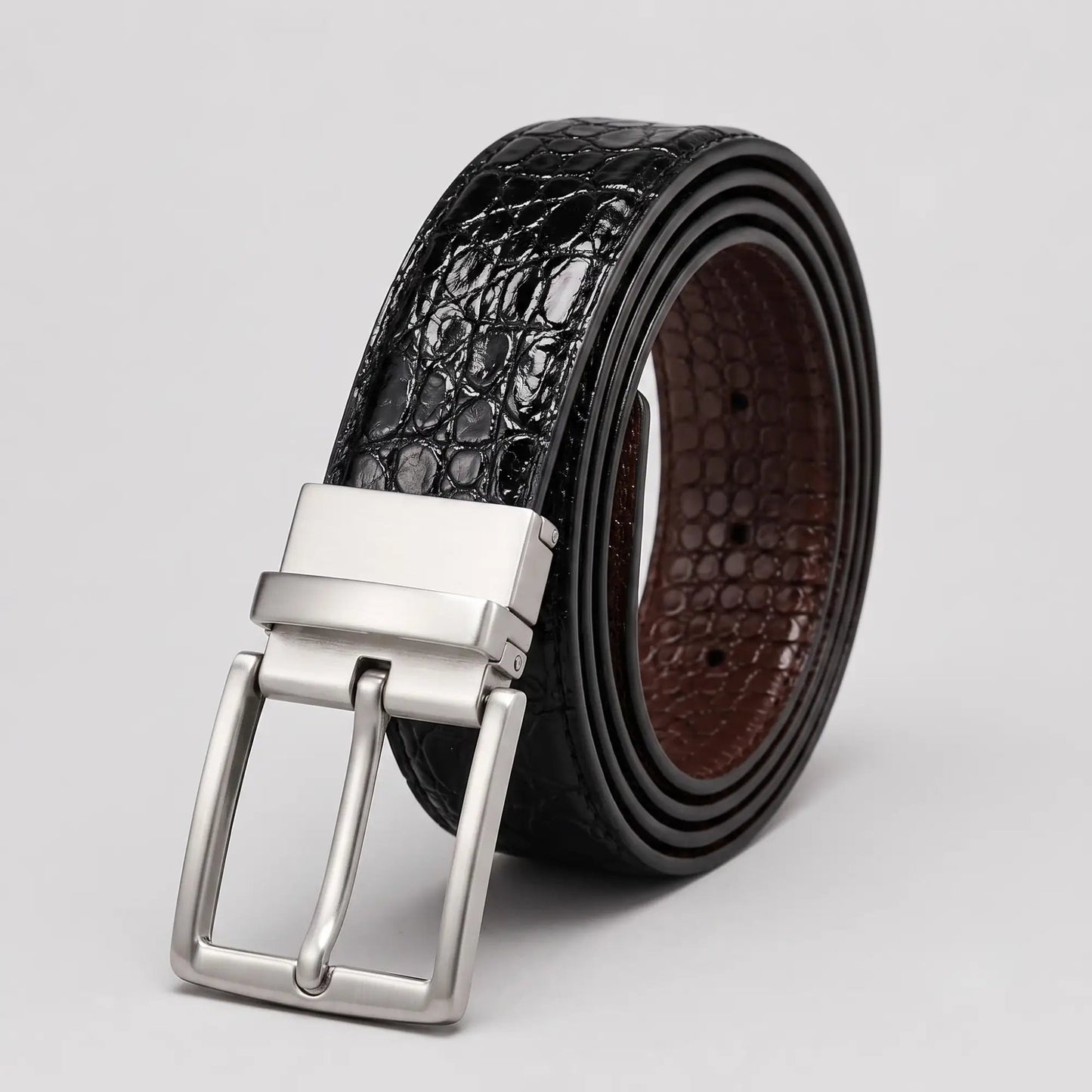 Reversible Men's Leather Belt – Black & Brown Croc | 2-in-1 Rotating Buckle