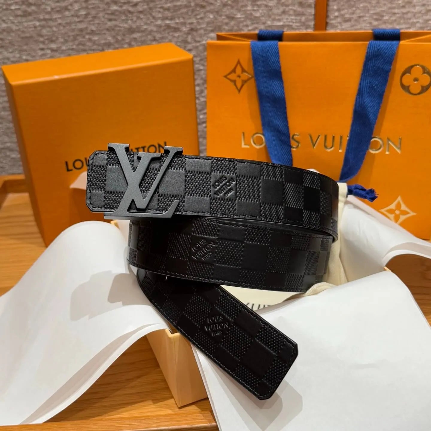 Plaid Grain Calfskin Leather Belt