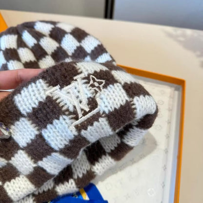 Checkerboard Embroidered Knit Beanie