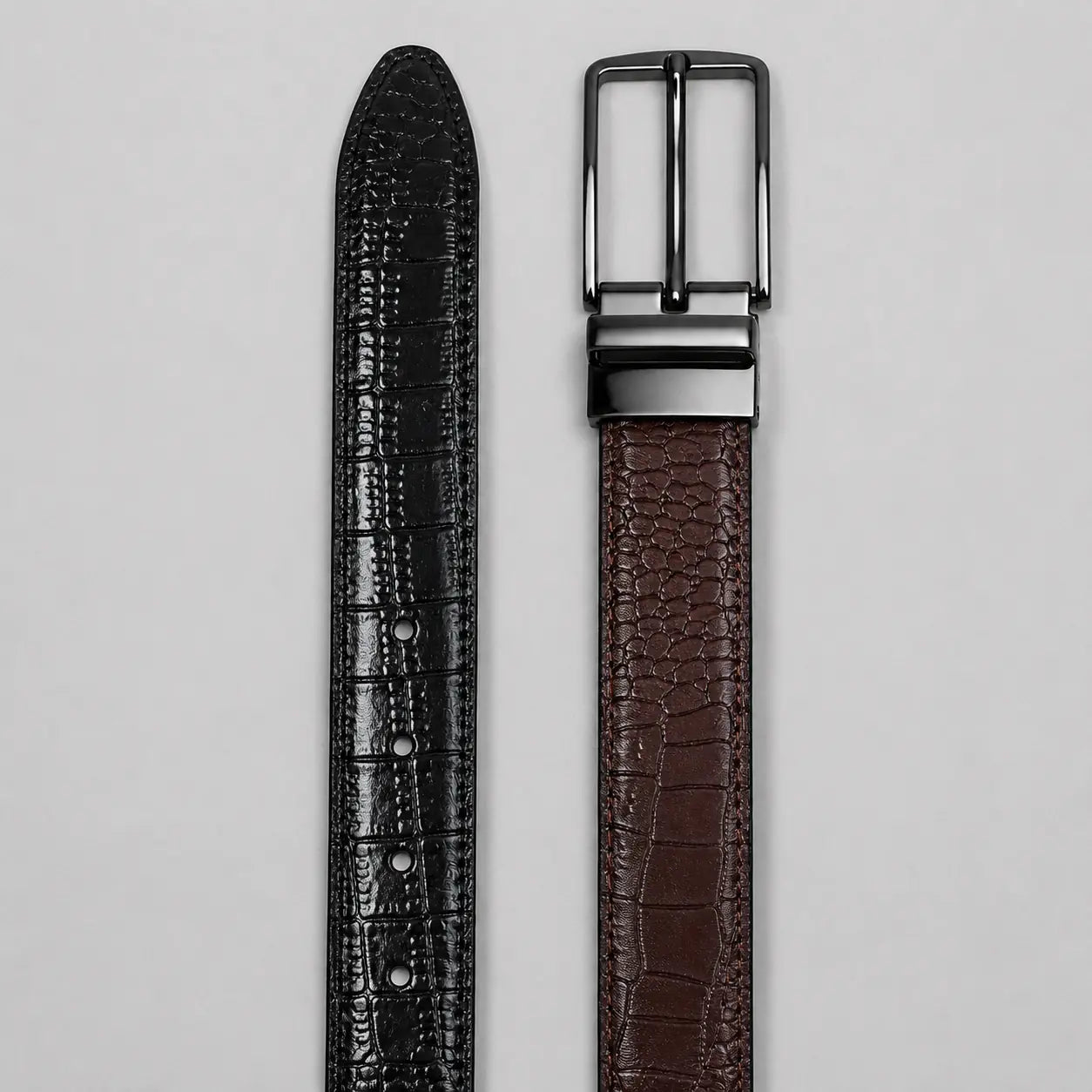 Reversible Men's Leather Belt – Black & Brown Croc | 2-in-1 Rotating Buckle