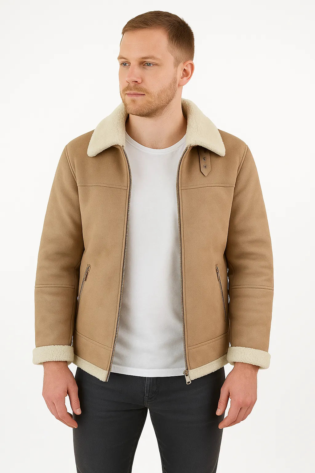 Men's Beige Shearling Leather Jacket – Premium Aviator Sheepskin Winter Coat