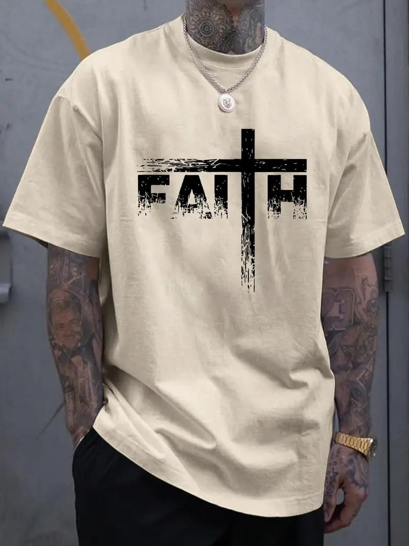 Men’s Faith Cross Graphic T-Shirt, Casual Christian Print Short Sleeve Tee