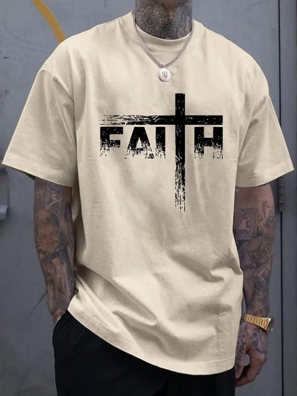 Men’s Faith Cross Graphic T-Shirt, Casual Christian Print Short Sleeve Tee