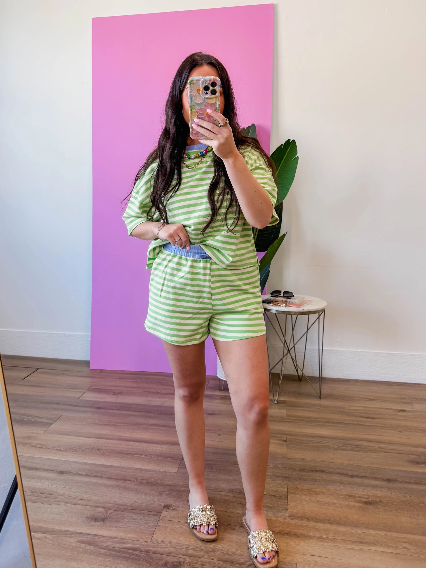 Off-Duty Striped Shorts-Honeydew/Periwinkle