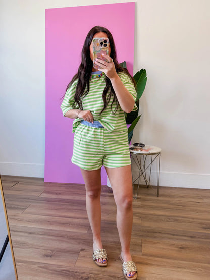 Off-Duty Striped Shorts-Honeydew/Periwinkle