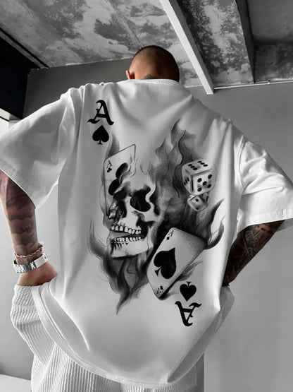 Men's Casual Classic Skull Playing Card Graphic Print Round Neck Short Sleeve T-Shirt, Summer Outdoor Sports Fitted Streetwear, Menswear Tops