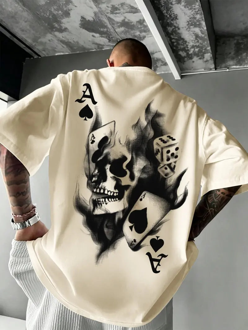 Men's Casual Classic Skull Playing Card Graphic Print Round Neck Short Sleeve T-Shirt, Summer Outdoor Sports Fitted Streetwear, Menswear Tops