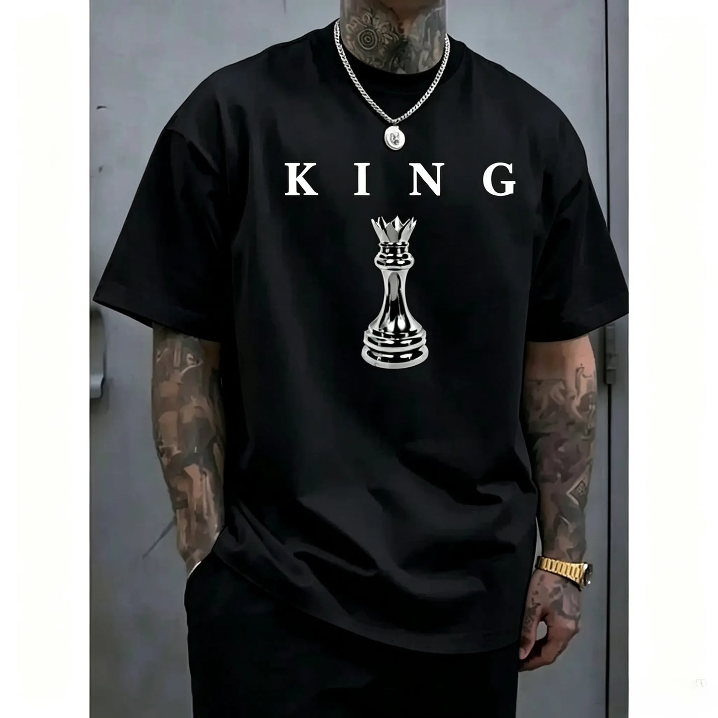 Men's short-sleeved chess king pattern T-shirt