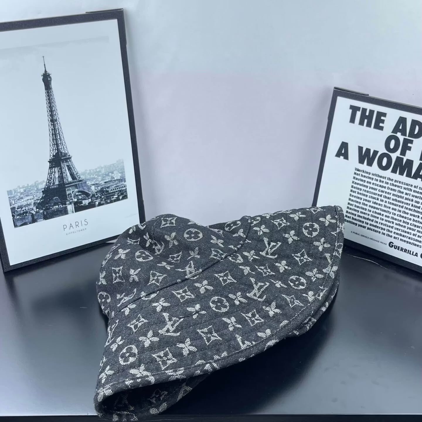 Black-Grey Jacquard Wide-Brim Bucket Hat