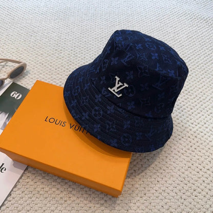 Dark Blue Jacquard Metal-Emblem Bucket Hat