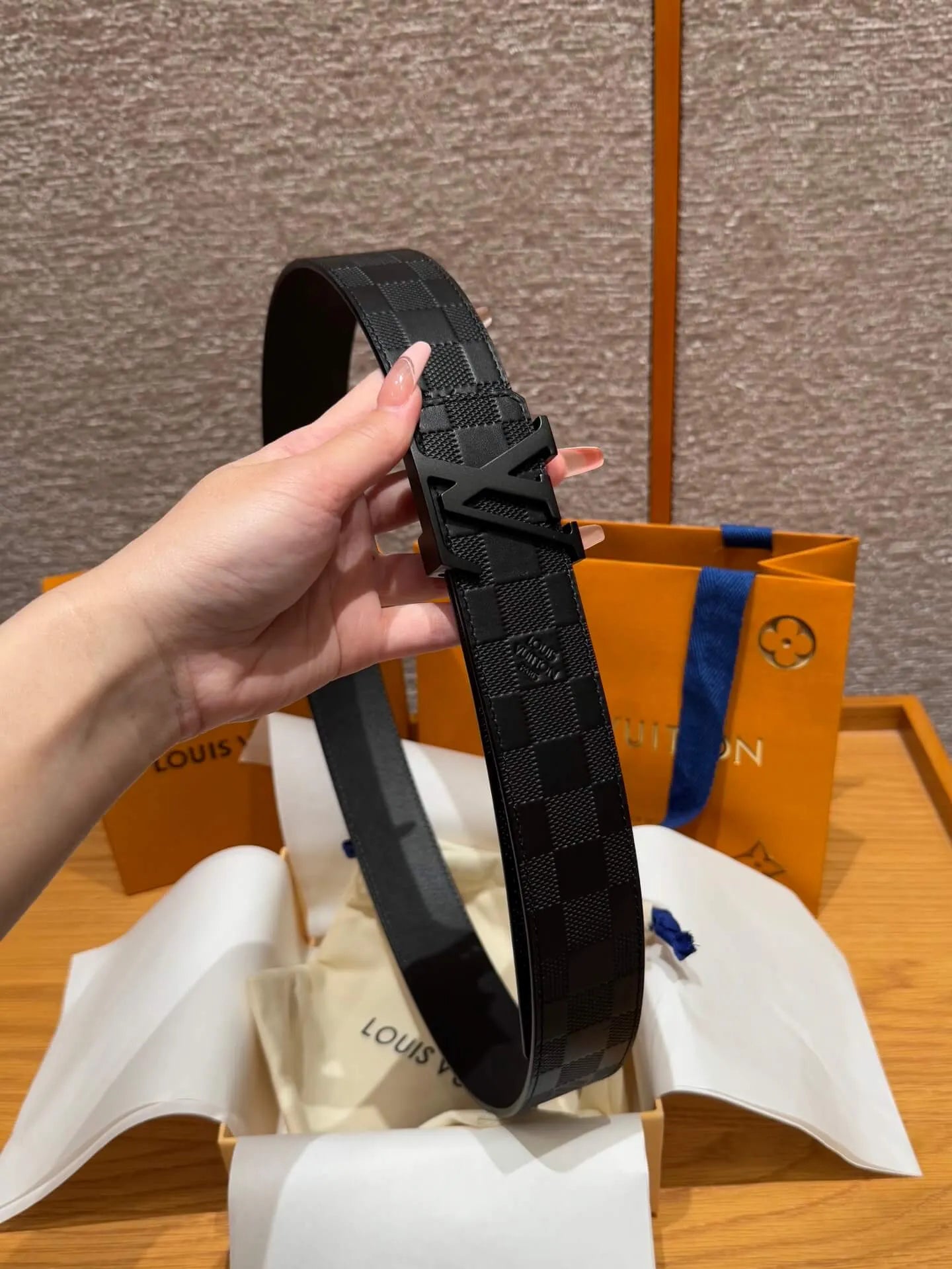 Plaid Grain Calfskin Leather Belt