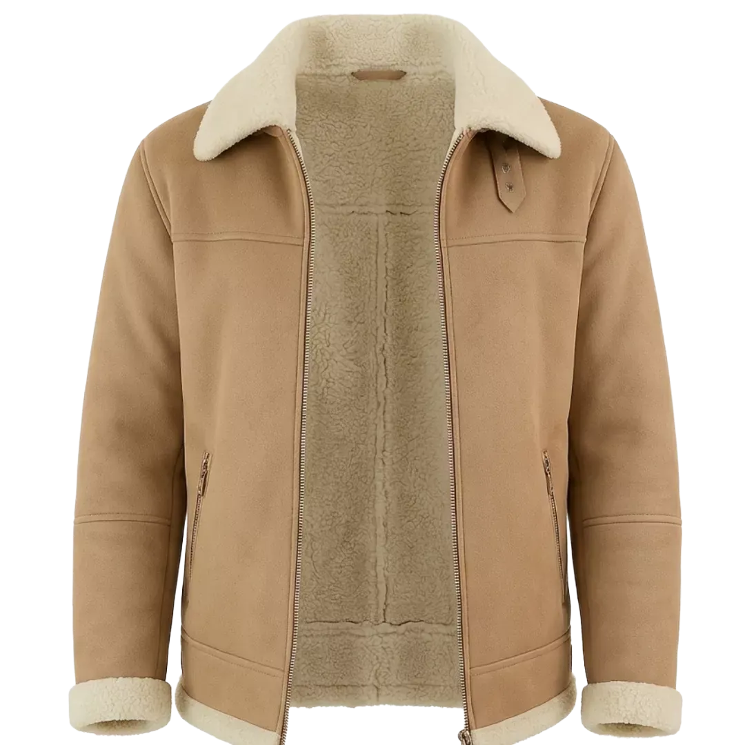 Men's Beige Shearling Leather Jacket – Premium Aviator Sheepskin Winter Coat