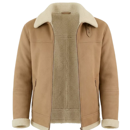 Men's Beige Shearling Leather Jacket – Premium Aviator Sheepskin Winter Coat