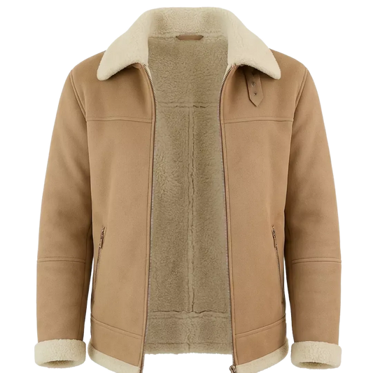 Men's Beige Shearling Leather Jacket – Premium Aviator Sheepskin Winter Coat