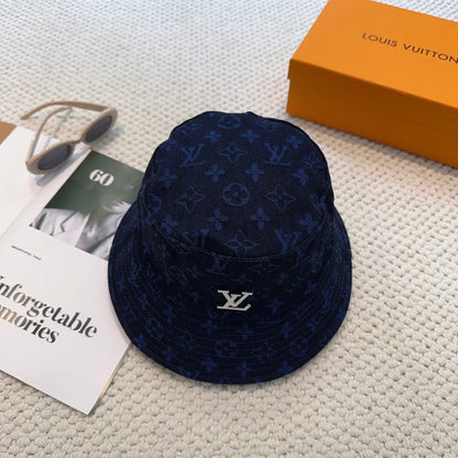 Dark Blue Jacquard Metal-Emblem Bucket Hat