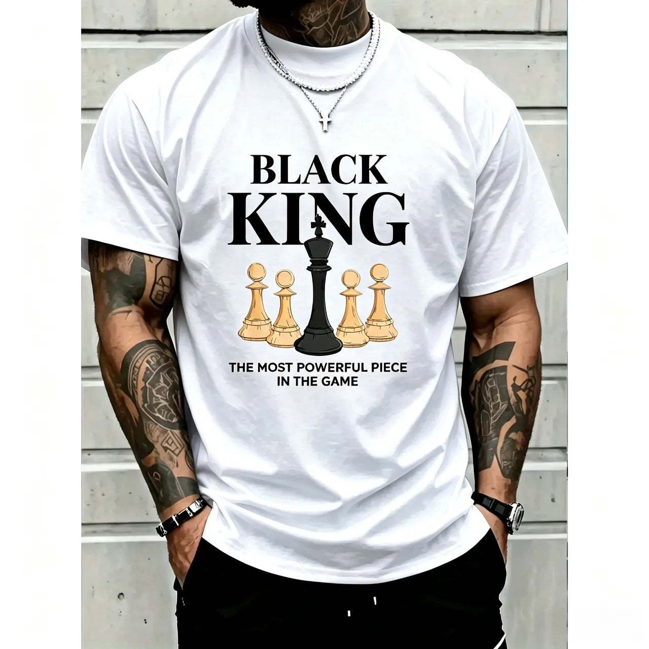 Men's Graphic T-Shirt with 'The Most Powerful Piece' Chess King Print, Breathable 100% Cotton Relaxed Fit Short Sleeve Tee