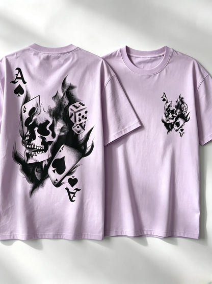 Men's Casual Classic Skull Playing Card Graphic Print Round Neck Short Sleeve T-Shirt, Summer Outdoor Sports Fitted Streetwear, Menswear Tops