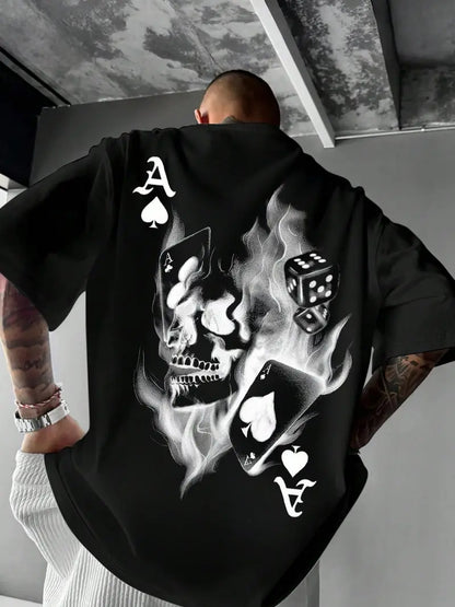 Men's Casual Classic Skull Playing Card Graphic Print Round Neck Short Sleeve T-Shirt, Summer Outdoor Sports Fitted Streetwear, Menswear Tops