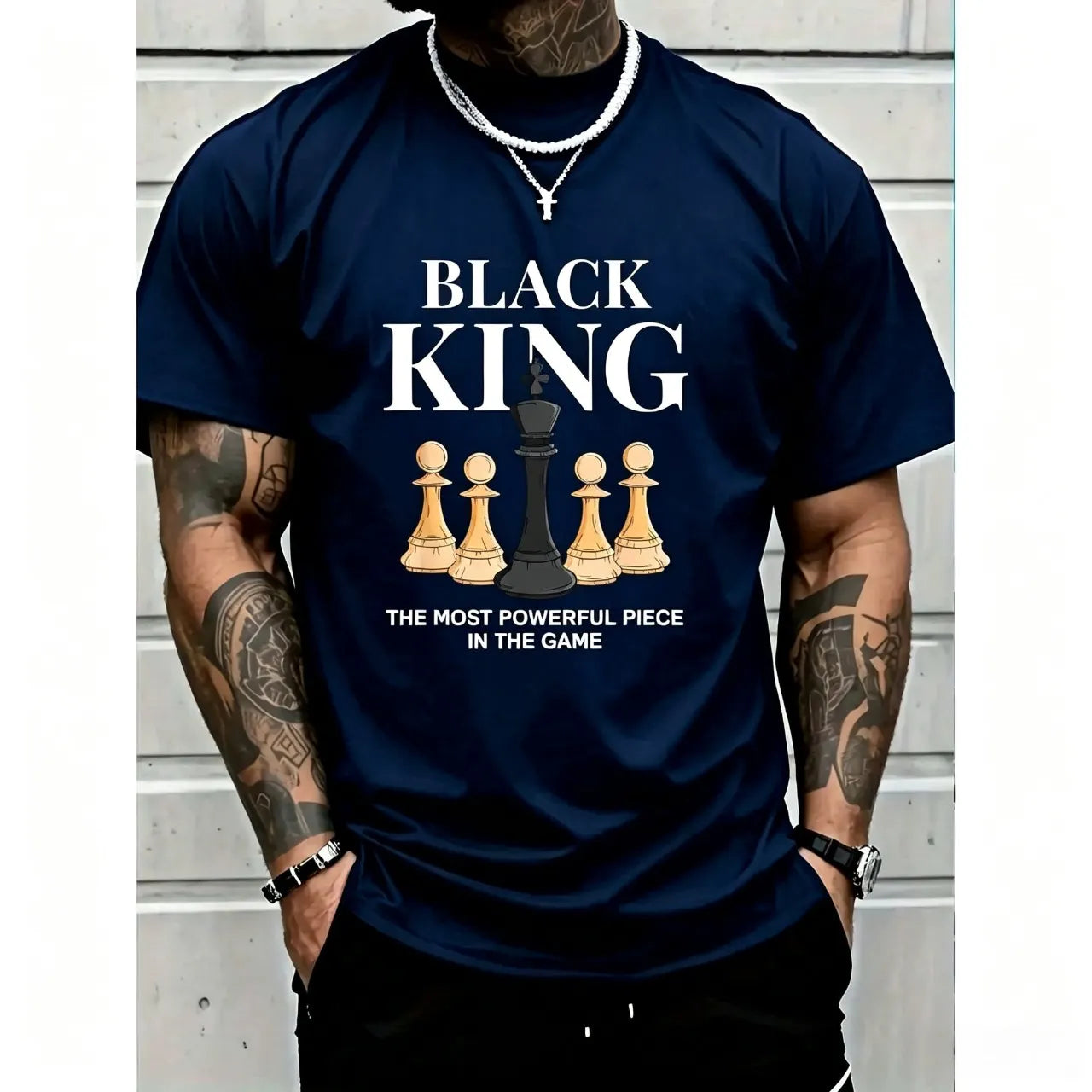 Men's Graphic T-Shirt with 'The Most Powerful Piece' Chess King Print, Breathable 100% Cotton Relaxed Fit Short Sleeve Tee