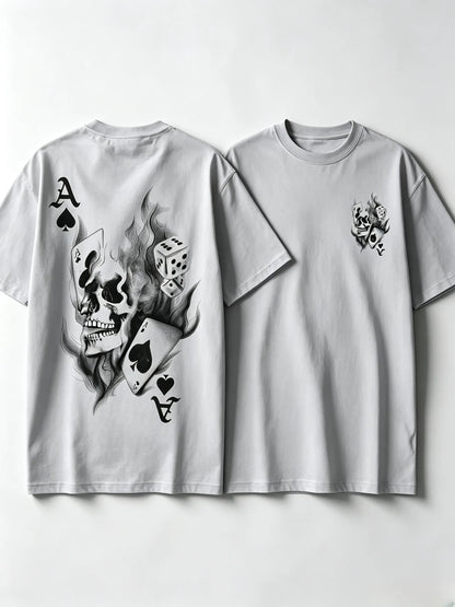 Men's Casual Classic Skull Playing Card Graphic Print Round Neck Short Sleeve T-Shirt, Summer Outdoor Sports Fitted Streetwear, Menswear Tops