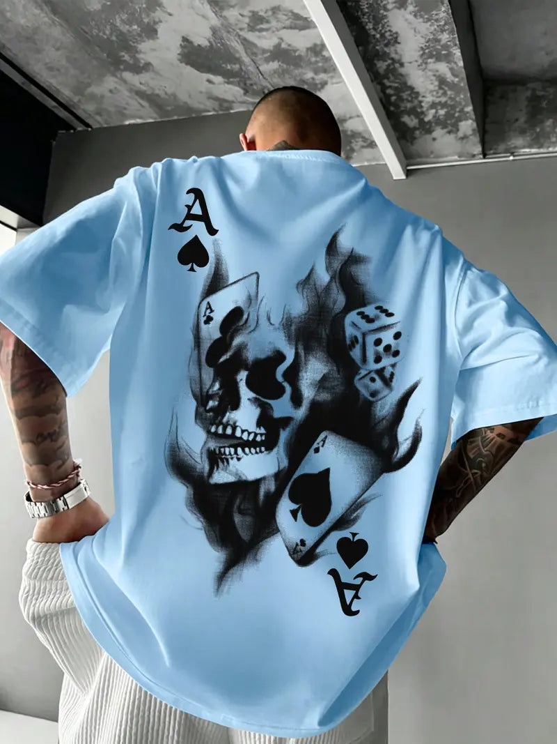 Men's Casual Classic Skull Playing Card Graphic Print Round Neck Short Sleeve T-Shirt, Summer Outdoor Sports Fitted Streetwear, Menswear Tops