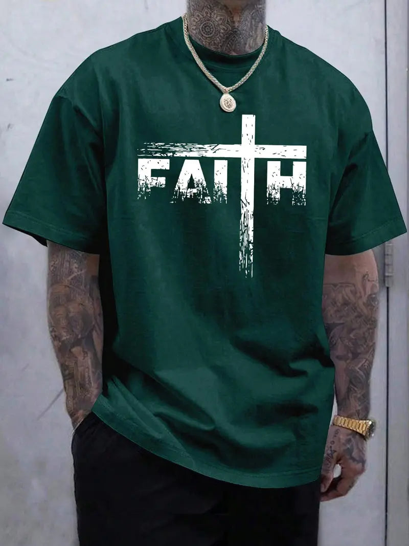 Men’s Faith Cross Graphic T-Shirt, Casual Christian Print Short Sleeve Tee