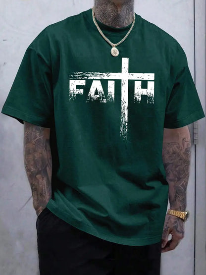 Men’s Faith Cross Graphic T-Shirt, Casual Christian Print Short Sleeve Tee