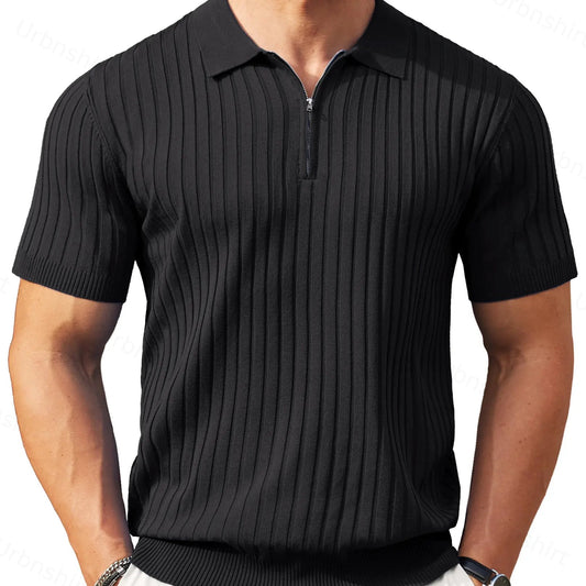 Men's Zipper Short Sleeve Ribbed Knit Polo T Shirts Golf Shirts
