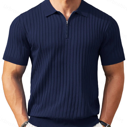 Men's Zipper Short Sleeve Ribbed Knit Polo T Shirts Golf Shirts
