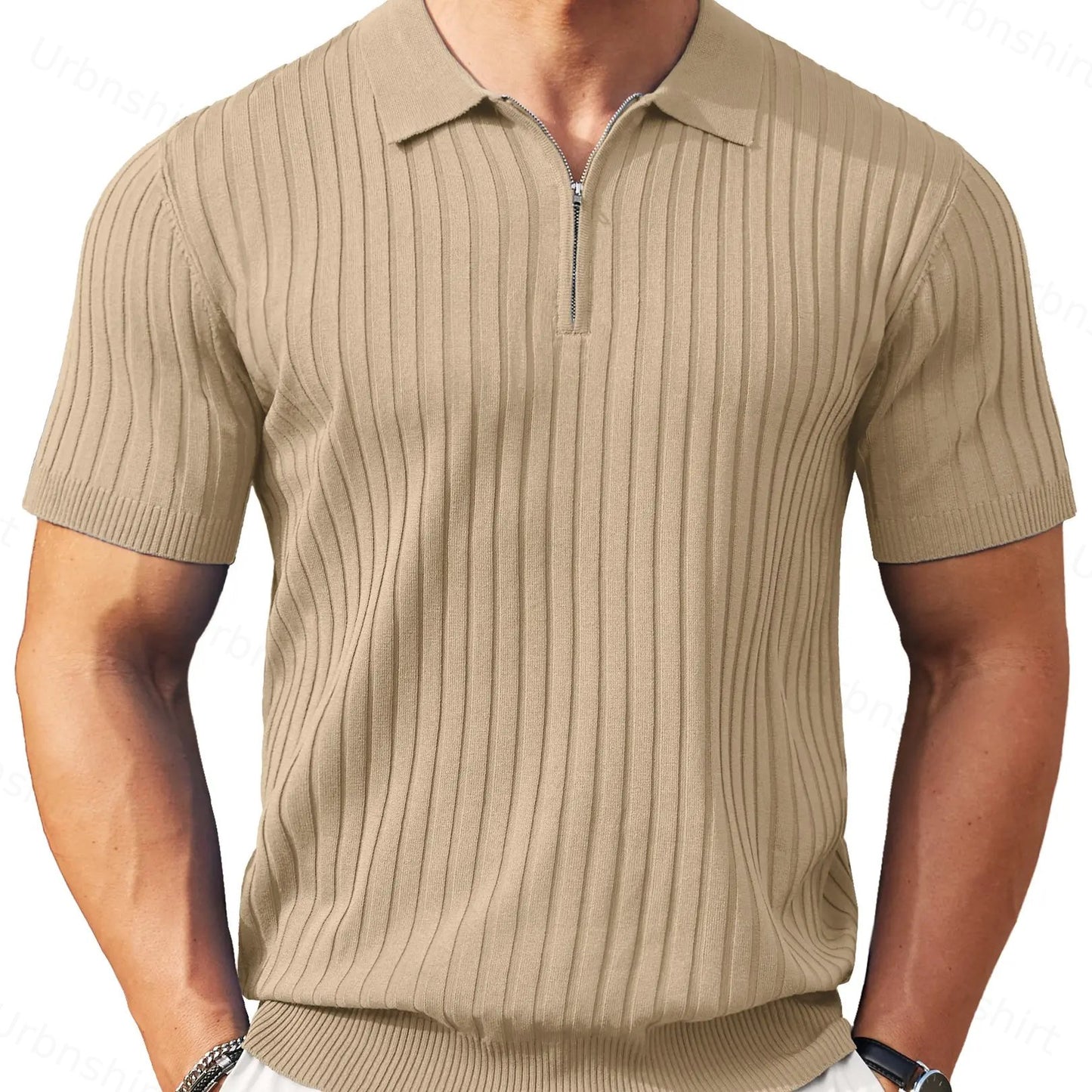 Men's Zipper Short Sleeve Ribbed Knit Polo T Shirts Golf Shirts