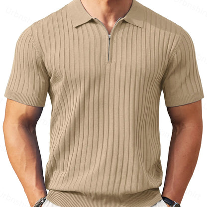 Men's Zipper Short Sleeve Ribbed Knit Polo T Shirts Golf Shirts