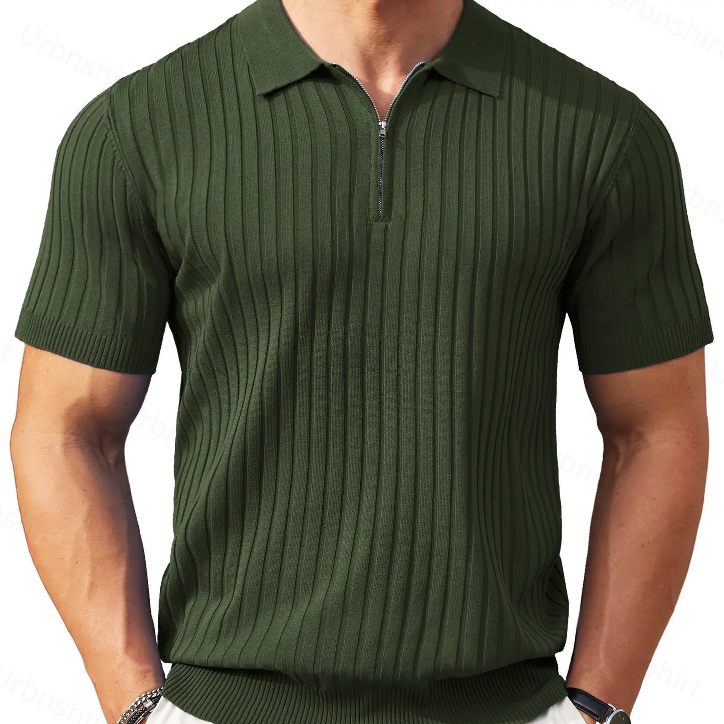 Men's Zipper Short Sleeve Ribbed Knit Polo T Shirts Golf Shirts