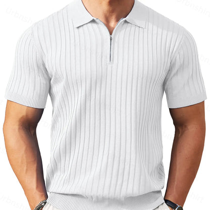 Men's Zipper Short Sleeve Ribbed Knit Polo T Shirts Golf Shirts
